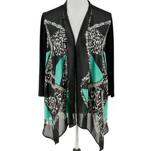 Chicos Travelers Jacket 1 Womens Medium 8 Chiffon Duster Sheer Front Black Green